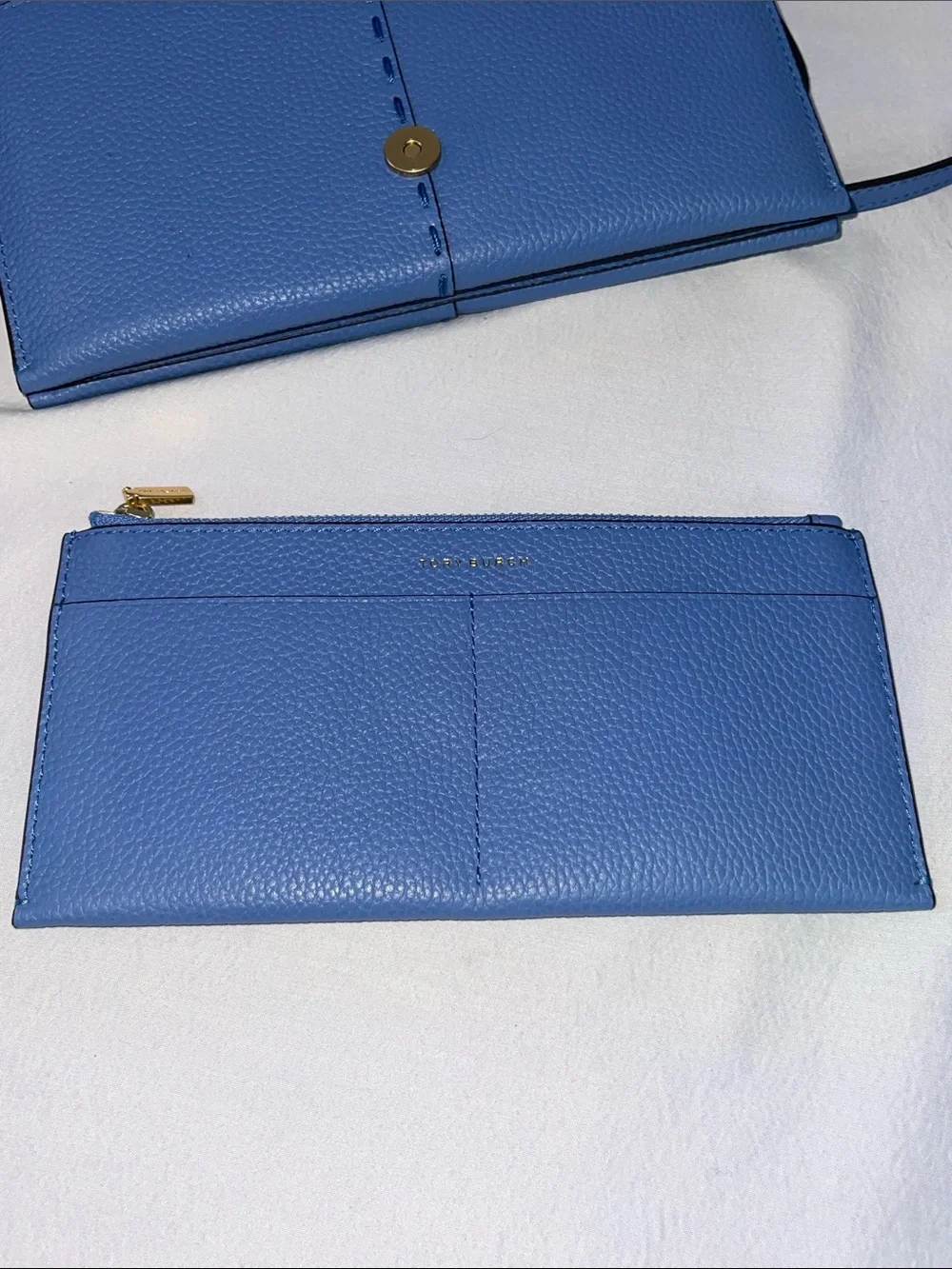 Tory Burch McGraw Pebbled Leather Wallet Crossbody Bag Blue